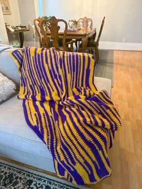 Handmade Striped Crochet Throw Blanket in Purple and Yellow